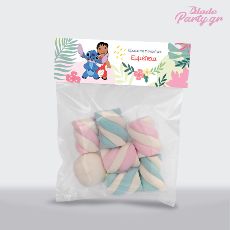 lilo & stitch κερασμα ζαχαρωτων για την ονομαστικη γιορτη ή τα γενεθλια του παιδιου σου. Αποτελειται απο σακουλακι με 7 μαρσμελοους και ετικετα lilo & stitch με λουλουδια και το ονομα του εορταζοντα